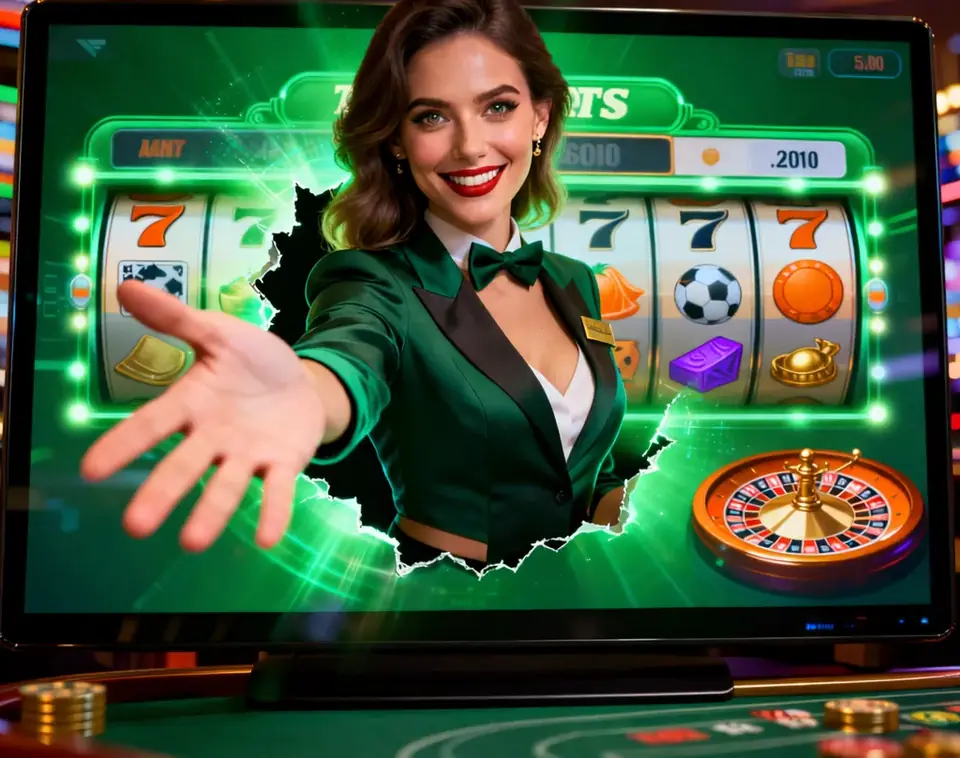 Tangazo la Avabet Casino: dealer aliyevaa kijani mbele ya reeli za slot na gurudumu la roulette